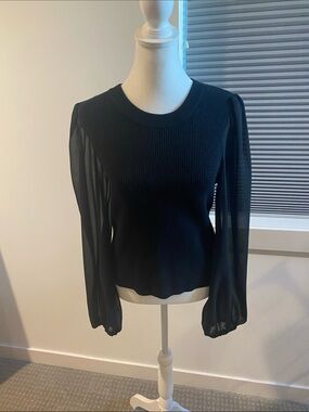 Evereve Black Ribbed Knit Top with Sheer Long Sleeves